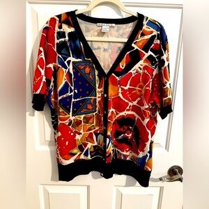 Peter Nygard Graffiti Abstract Floral Colorful Snap Cardigan Plus Size 0X